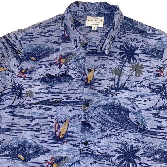 Lucky Brand‎ Blue Linen Hawaiian Button Down Shirt Size Medium - Picture 2 of 10